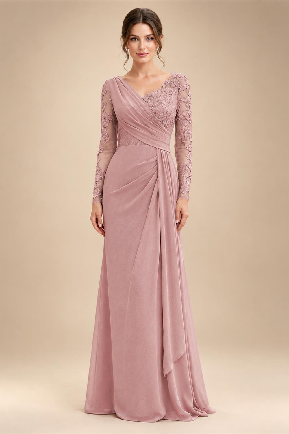 Chiffon Sheath/Column V-Neck Floor-Length Mother of the Bride & Groom Dresses with Lace Embroidery Bodice & Ruched Waist (SHI22501510)