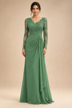 Chiffon Sheath/Column V-Neck Floor-Length Mother of the Bride & Groom Dresses with Lace Embroidery Bodice & Ruched Waist (SHI22501510)