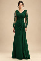 Chiffon Sheath/Column V-Neck Floor-Length Mother of the Bride & Groom Dresses with Lace Embroidery Bodice & Ruched Waist (SHI22501510)