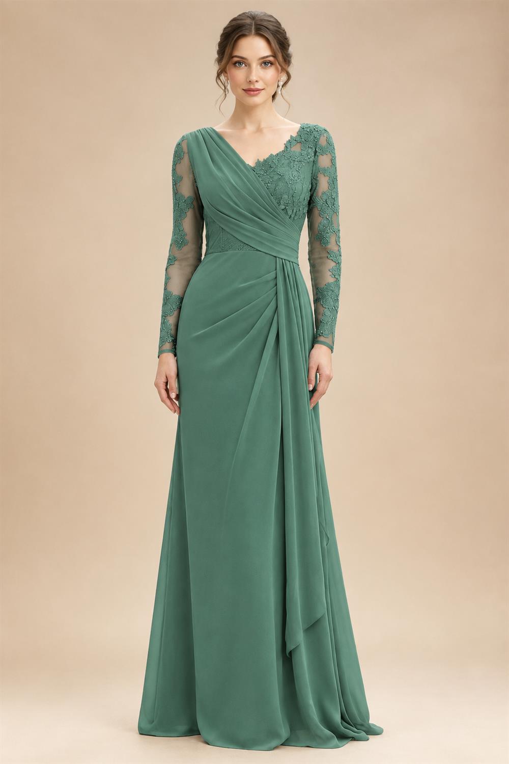 Chiffon Sheath/Column V-Neck Floor-Length Mother of the Bride & Groom Dresses with Lace Embroidery Bodice & Ruched Waist (SHI22501510)
