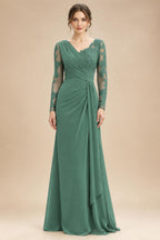Chiffon Sheath/Column V-Neck Floor-Length Mother of the Bride & Groom Dresses with Lace Embroidery Bodice & Ruched Waist (SHI22501510)
