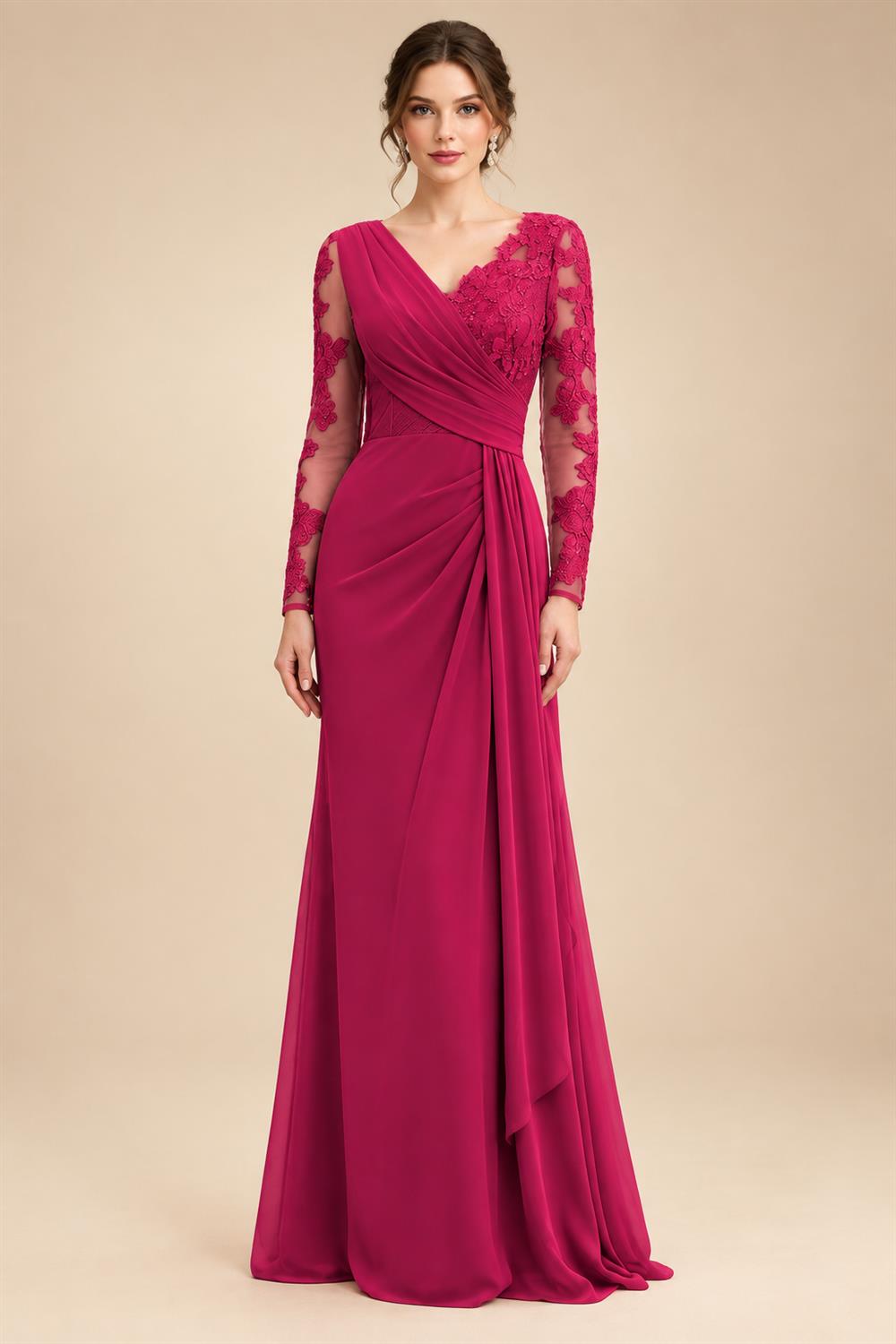 Chiffon Sheath/Column V-Neck Floor-Length Mother of the Bride & Groom Dresses with Lace Embroidery Bodice & Ruched Waist (SHI22501510)