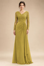 Chiffon Sheath/Column V-Neck Floor-Length Mother of the Bride & Groom Dresses with Lace Embroidery Bodice & Ruched Waist (SHI22501510)