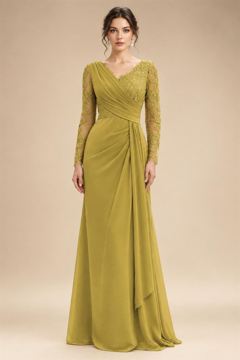 Chiffon Sheath/Column V-Neck Floor-Length Mother of the Bride & Groom Dresses with Lace Embroidery Bodice & Ruched Waist (SHI22501510)