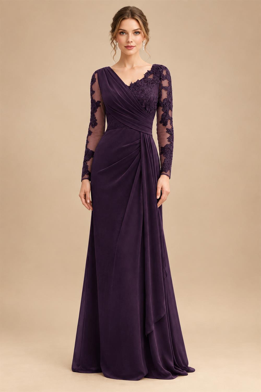 Chiffon Sheath/Column V-Neck Floor-Length Mother of the Bride & Groom Dresses with Lace Embroidery Bodice & Ruched Waist (SHI22501510)