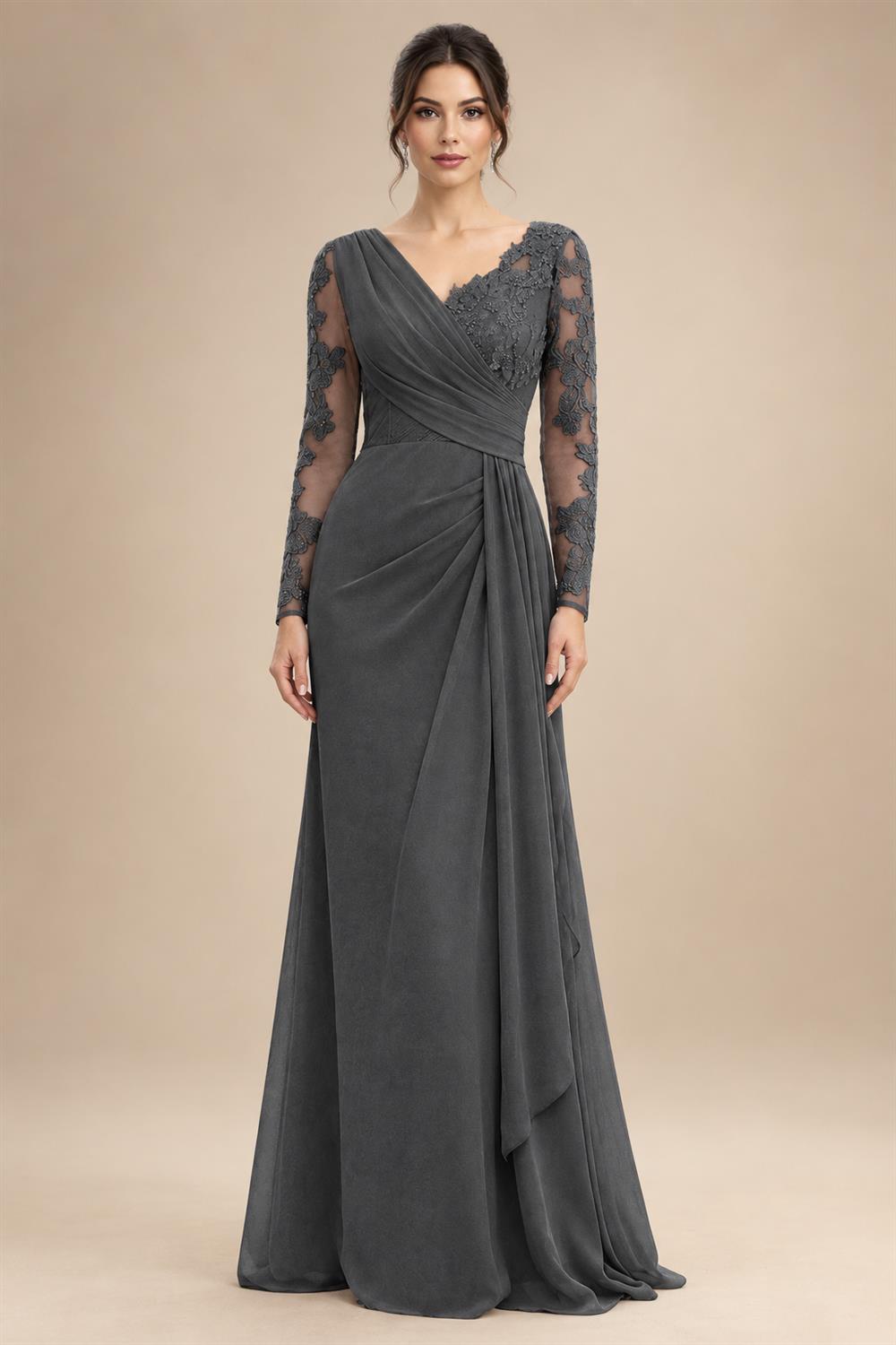 Chiffon Sheath/Column V-Neck Floor-Length Mother of the Bride & Groom Dresses with Lace Embroidery Bodice & Ruched Waist (SHI22501510)