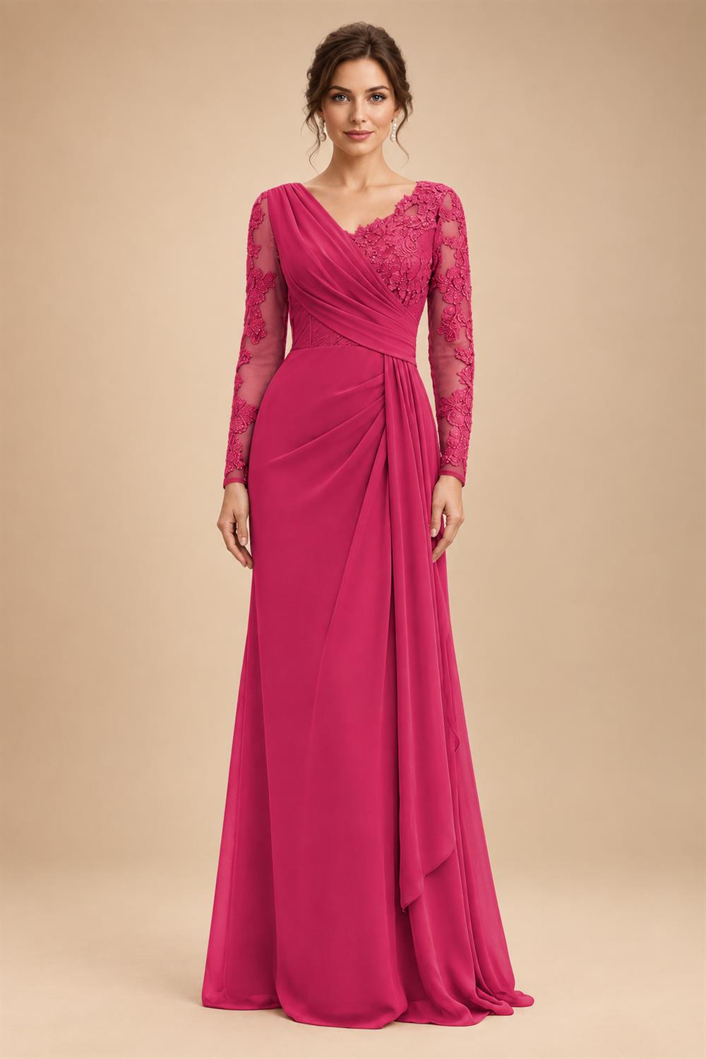 Chiffon Sheath/Column V-Neck Floor-Length Mother of the Bride & Groom Dresses with Lace Embroidery Bodice & Ruched Waist (SHI22501510)