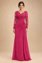 Chiffon Sheath/Column V-Neck Floor-Length Mother of the Bride & Groom Dresses with Lace Embroidery Bodice & Ruched Waist (SHI22501510)