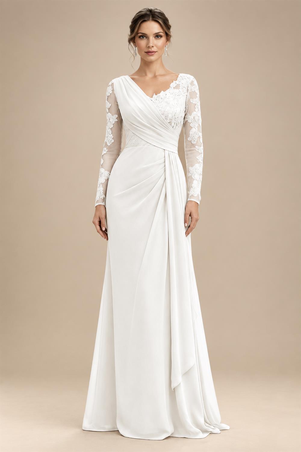 Chiffon Sheath/Column V-Neck Floor-Length Mother of the Bride & Groom Dresses with Lace Embroidery Bodice & Ruched Waist (SHI22501510)