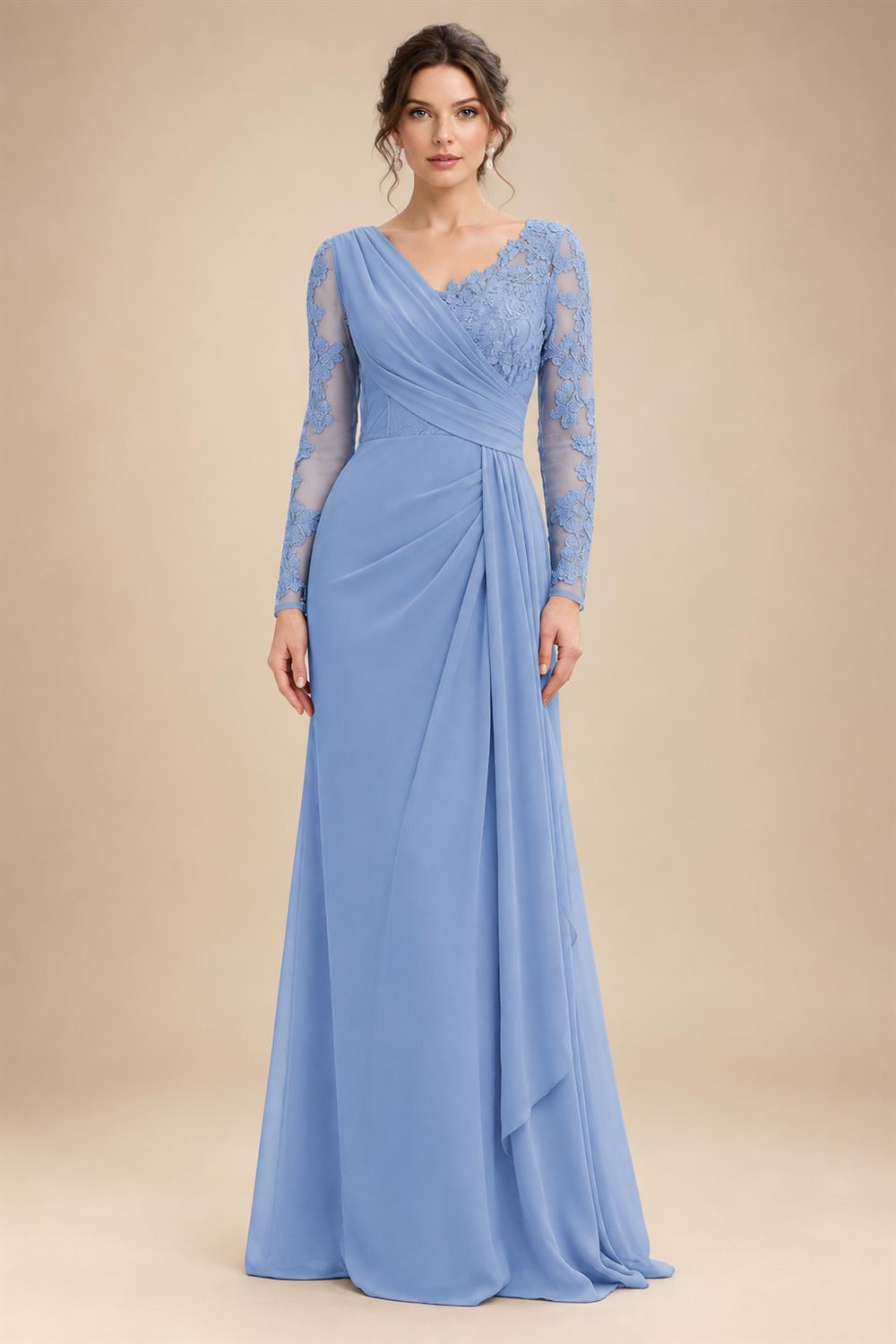 Chiffon Sheath/Column V-Neck Floor-Length Mother of the Bride & Groom Dresses with Lace Embroidery Bodice & Ruched Waist (SHI22501510)