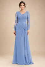 Chiffon Sheath/Column V-Neck Floor-Length Mother of the Bride & Groom Dresses with Lace Embroidery Bodice & Ruched Waist (SHI22501510)