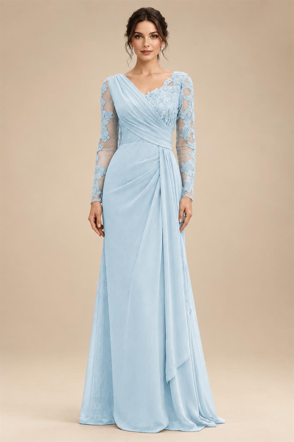 Chiffon Sheath/Column V-Neck Floor-Length Mother of the Bride & Groom Dresses with Lace Embroidery Bodice & Ruched Waist (SHI22501510)