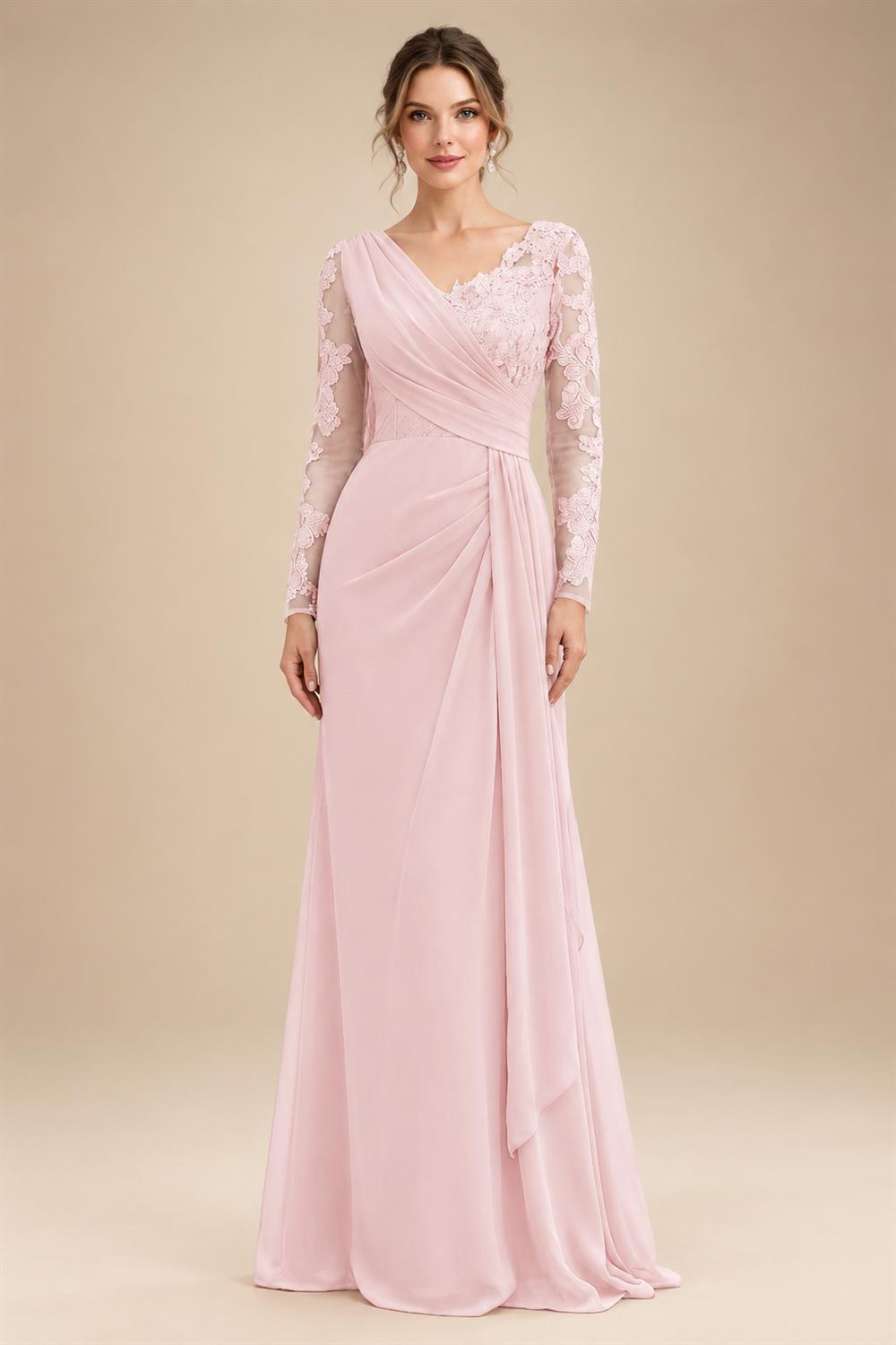 Chiffon Sheath/Column V-Neck Floor-Length Mother of the Bride & Groom Dresses with Lace Embroidery Bodice & Ruched Waist (SHI22501510)