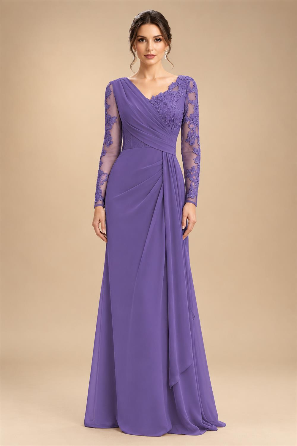 Chiffon Sheath/Column V-Neck Floor-Length Mother of the Bride & Groom Dresses with Lace Embroidery Bodice & Ruched Waist (SHI22501510)