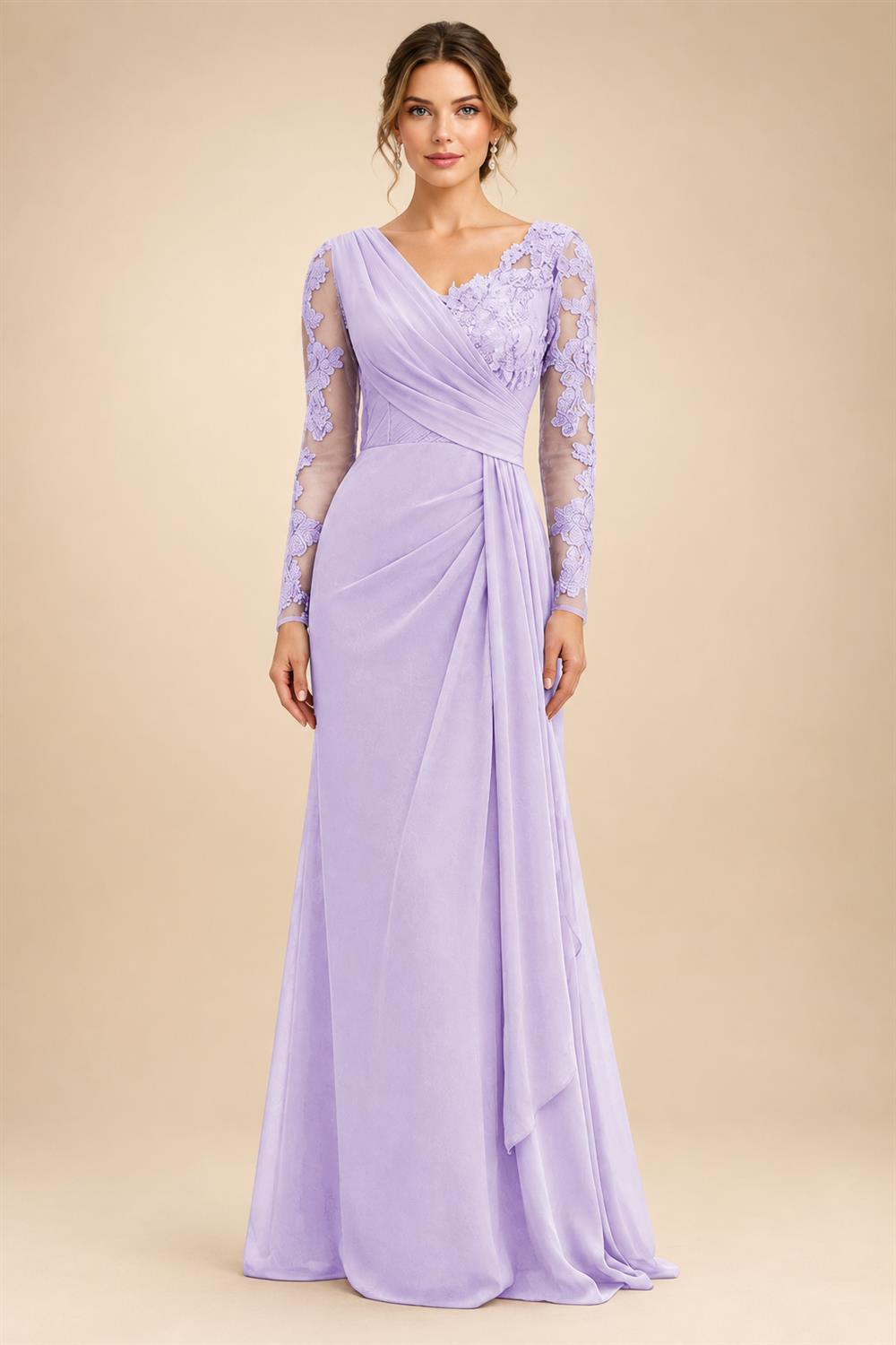 Chiffon Sheath/Column V-Neck Floor-Length Mother of the Bride & Groom Dresses with Lace Embroidery Bodice & Ruched Waist (SHI22501510)