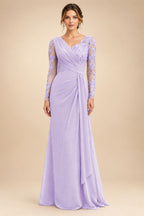 Chiffon Sheath/Column V-Neck Floor-Length Mother of the Bride & Groom Dresses with Lace Embroidery Bodice & Ruched Waist (SHI22501510)