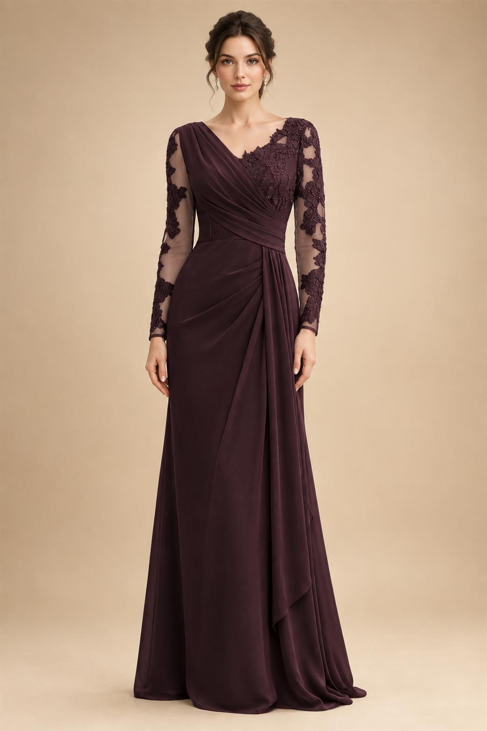 Chiffon Sheath/Column V-Neck Floor-Length Mother of the Bride & Groom Dresses with Lace Embroidery Bodice & Ruched Waist (SHI22501510)