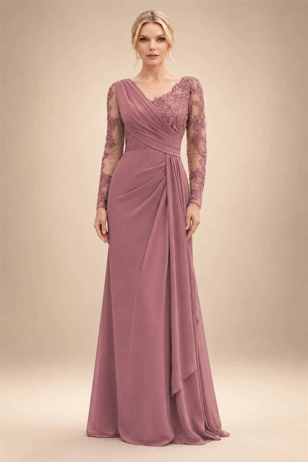 Chiffon Sheath/Column V-Neck Floor-Length Mother of the Bride & Groom Dresses with Lace Embroidery Bodice & Ruched Waist (SHI22501510)