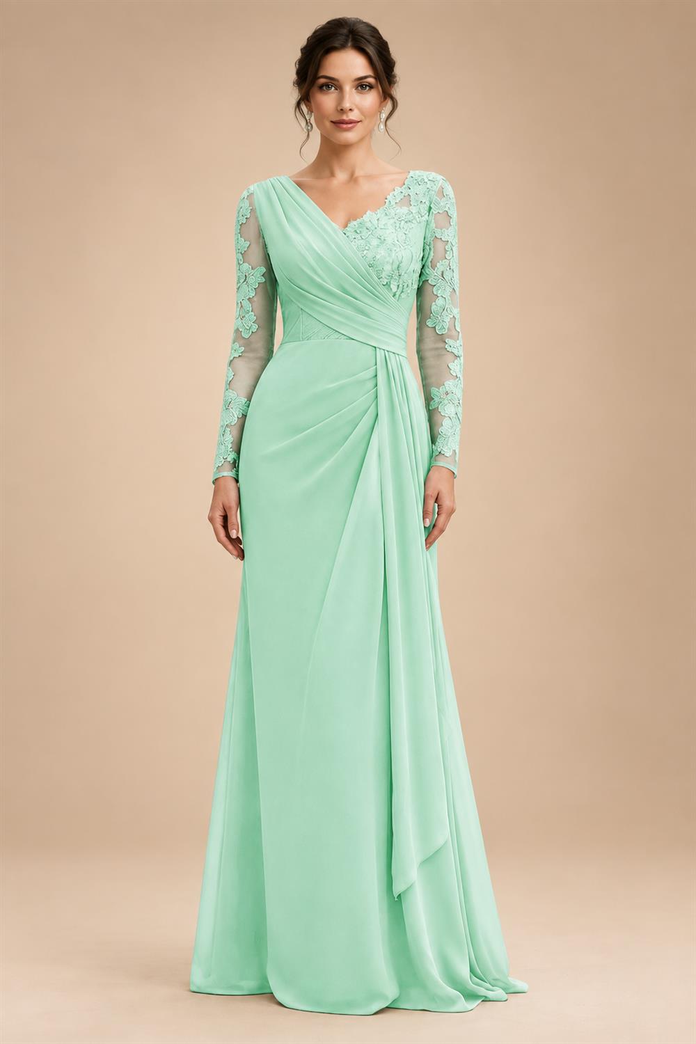 Chiffon Sheath/Column V-Neck Floor-Length Mother of the Bride & Groom Dresses with Lace Embroidery Bodice & Ruched Waist (SHI22501510)