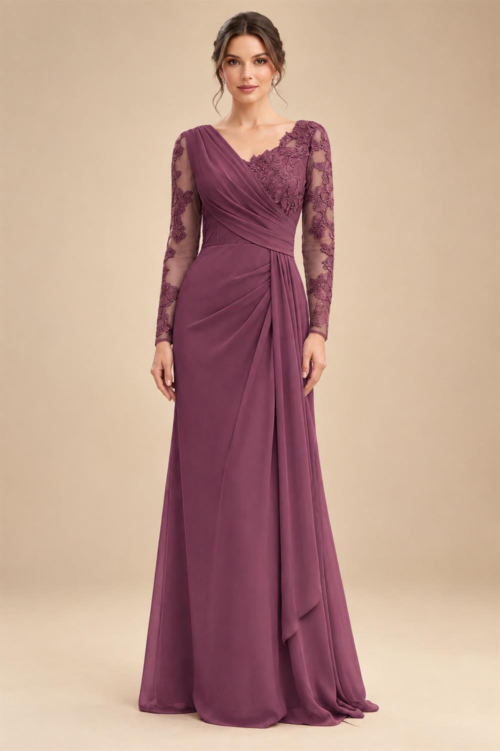 Chiffon Sheath/Column V-Neck Floor-Length Mother of the Bride & Groom Dresses with Lace Embroidery Bodice & Ruched Waist (SHI22501510)