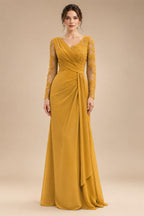 Chiffon Sheath/Column V-Neck Floor-Length Mother of the Bride & Groom Dresses with Lace Embroidery Bodice & Ruched Waist (SHI22501510)