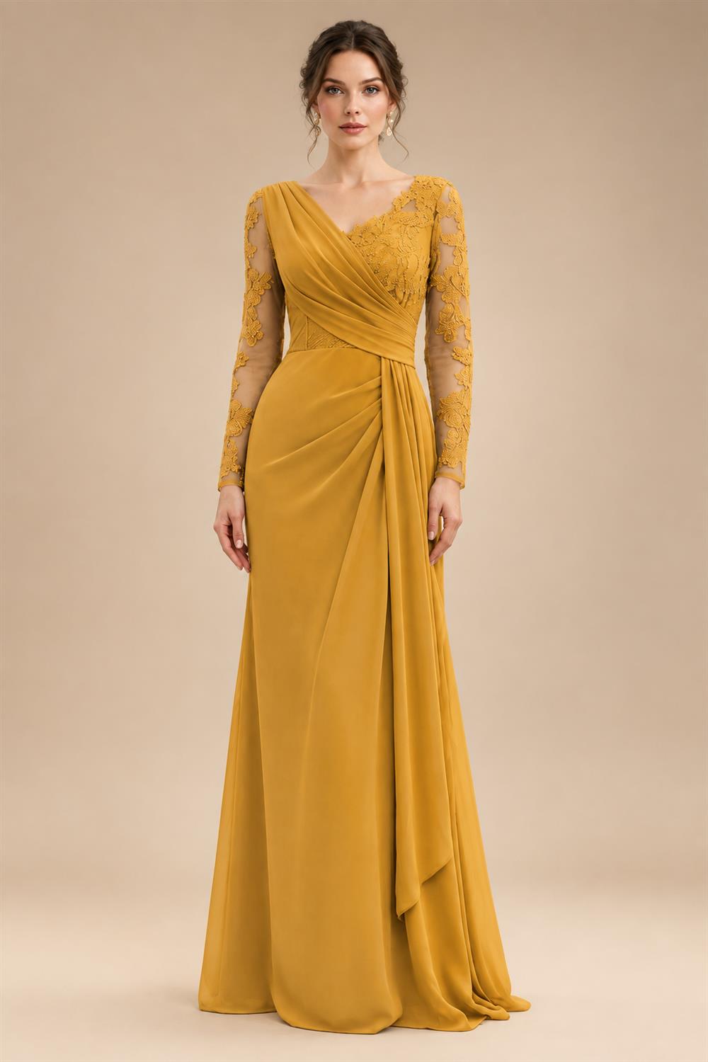 Chiffon Sheath/Column V-Neck Floor-Length Mother of the Bride & Groom Dresses with Lace Embroidery Bodice & Ruched Waist (SHI22501510)