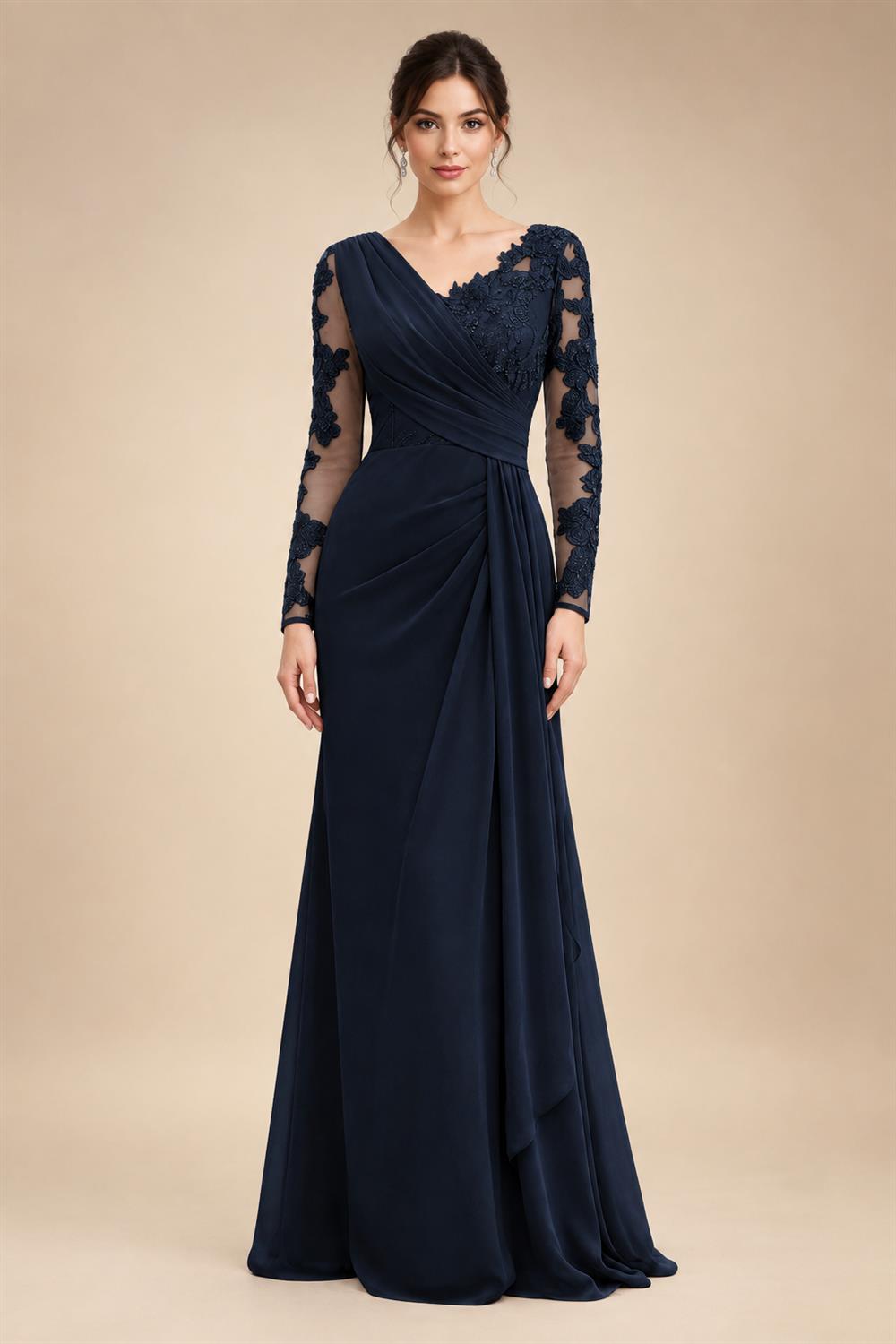 Chiffon Sheath/Column V-Neck Floor-Length Mother of the Bride & Groom Dresses with Lace Embroidery Bodice & Ruched Waist (SHI22501510)