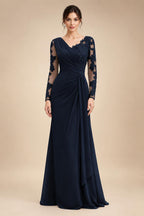 Chiffon Sheath/Column V-Neck Floor-Length Mother of the Bride & Groom Dresses with Lace Embroidery Bodice & Ruched Waist (SHI22501510)