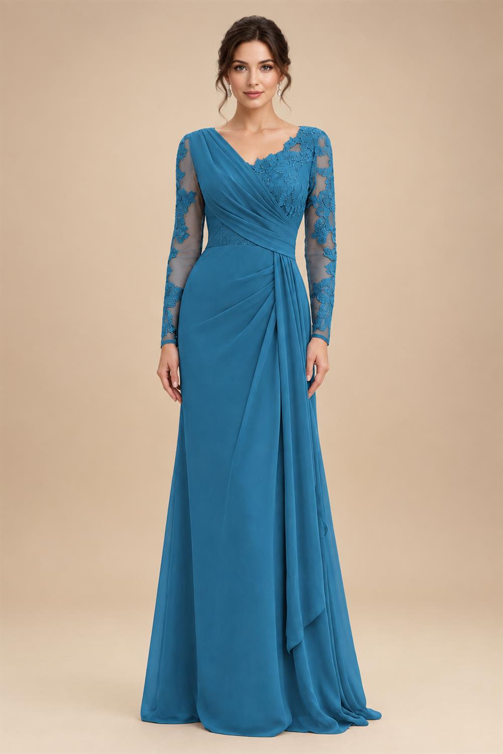 Chiffon Sheath/Column V-Neck Floor-Length Mother of the Bride & Groom Dresses with Lace Embroidery Bodice & Ruched Waist (SHI22501510)