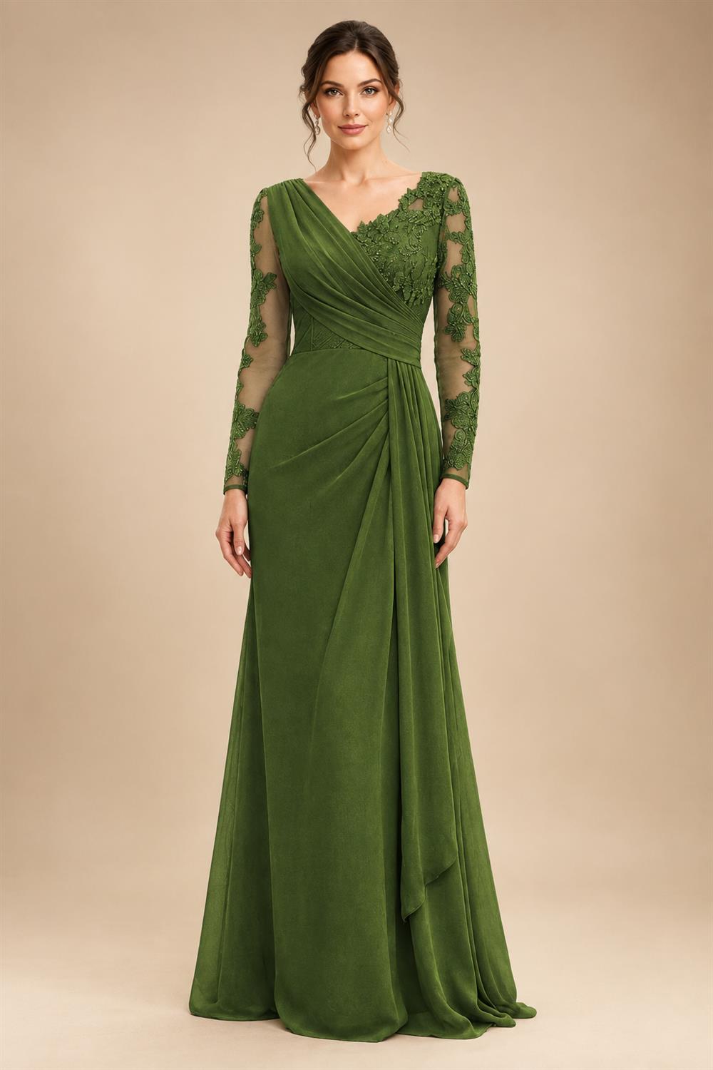 Chiffon Sheath/Column V-Neck Floor-Length Mother of the Bride & Groom Dresses with Lace Embroidery Bodice & Ruched Waist (SHI22501510)