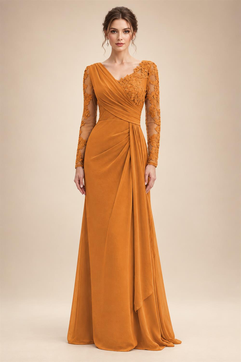 Chiffon Sheath/Column V-Neck Floor-Length Mother of the Bride & Groom Dresses with Lace Embroidery Bodice & Ruched Waist (SHI22501510)