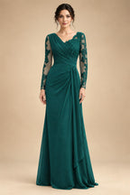 Chiffon Sheath/Column V-Neck Floor-Length Mother of the Bride & Groom Dresses with Lace Embroidery Bodice & Ruched Waist (SHI22501510)