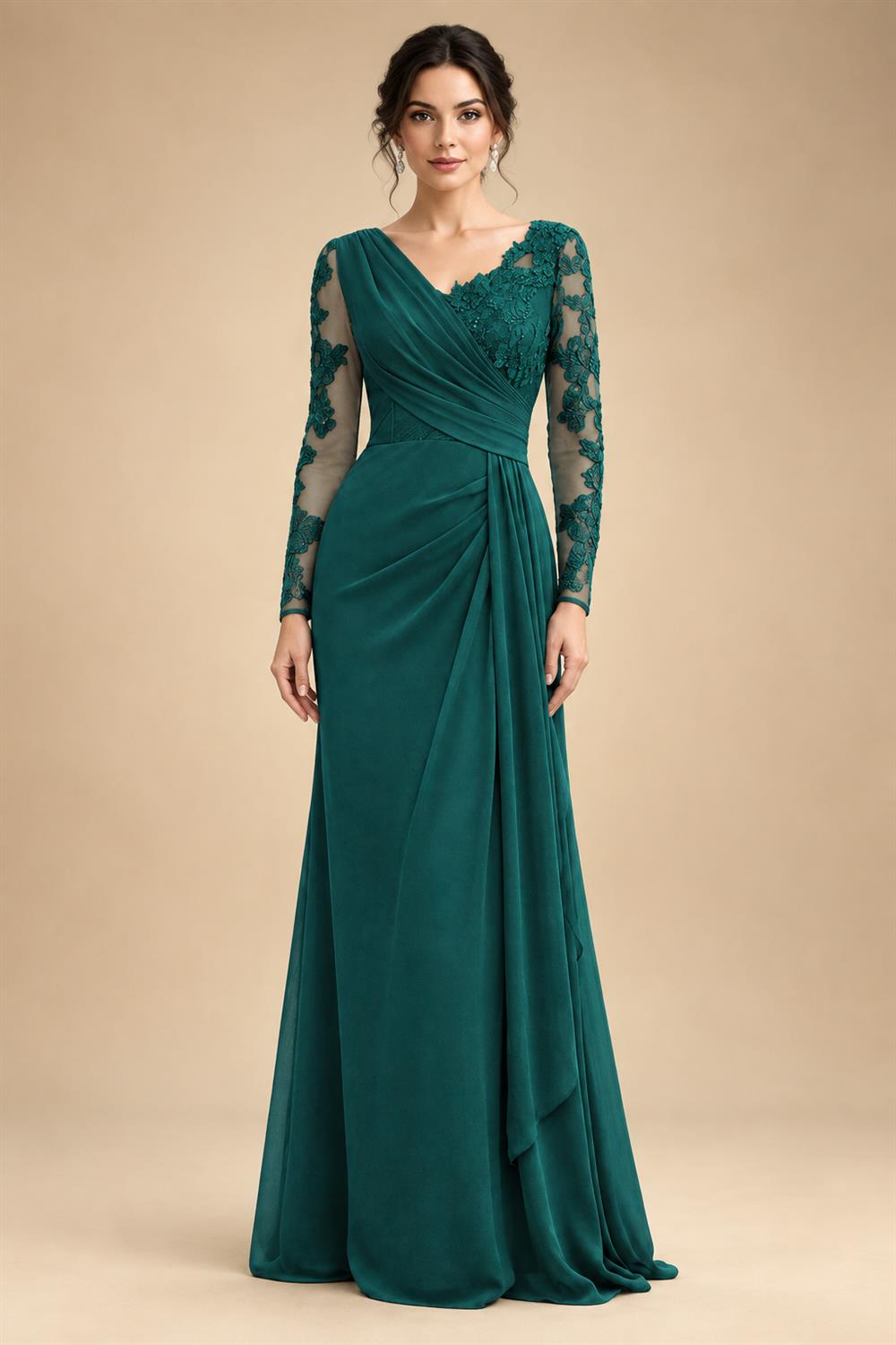 Chiffon Sheath/Column V-Neck Floor-Length Mother of the Bride & Groom Dresses with Lace Embroidery Bodice & Ruched Waist (SHI22501510)
