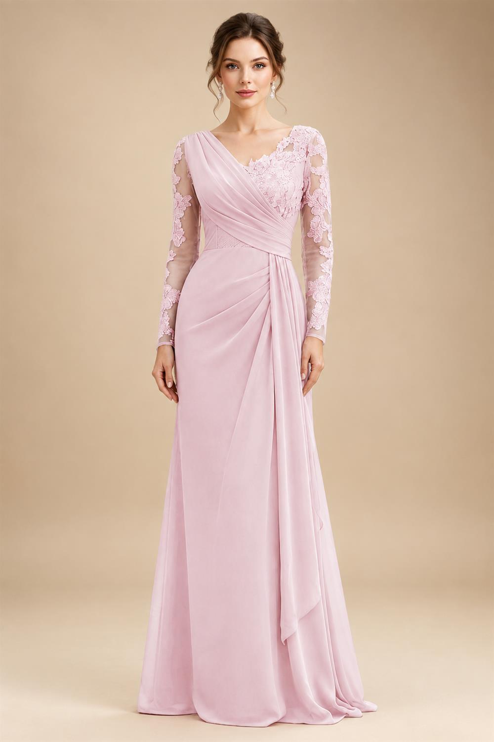 Chiffon Sheath/Column V-Neck Floor-Length Mother of the Bride & Groom Dresses with Lace Embroidery Bodice & Ruched Waist (SHI22501510)