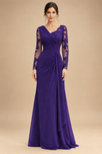Chiffon Sheath/Column V-Neck Floor-Length Mother of the Bride & Groom Dresses with Lace Embroidery Bodice & Ruched Waist (SHI22501510)