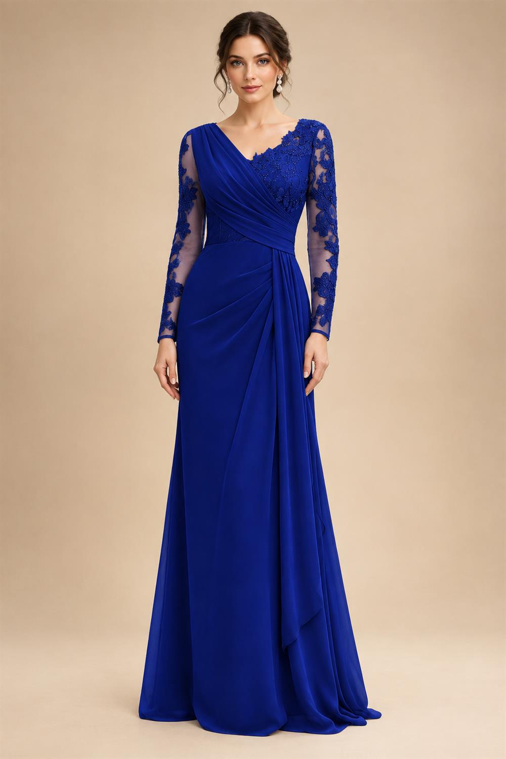 Chiffon Sheath/Column V-Neck Floor-Length Mother of the Bride & Groom Dresses with Lace Embroidery Bodice & Ruched Waist (SHI22501510)