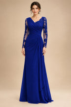Chiffon Sheath/Column V-Neck Floor-Length Mother of the Bride & Groom Dresses with Lace Embroidery Bodice & Ruched Waist (SHI22501510)