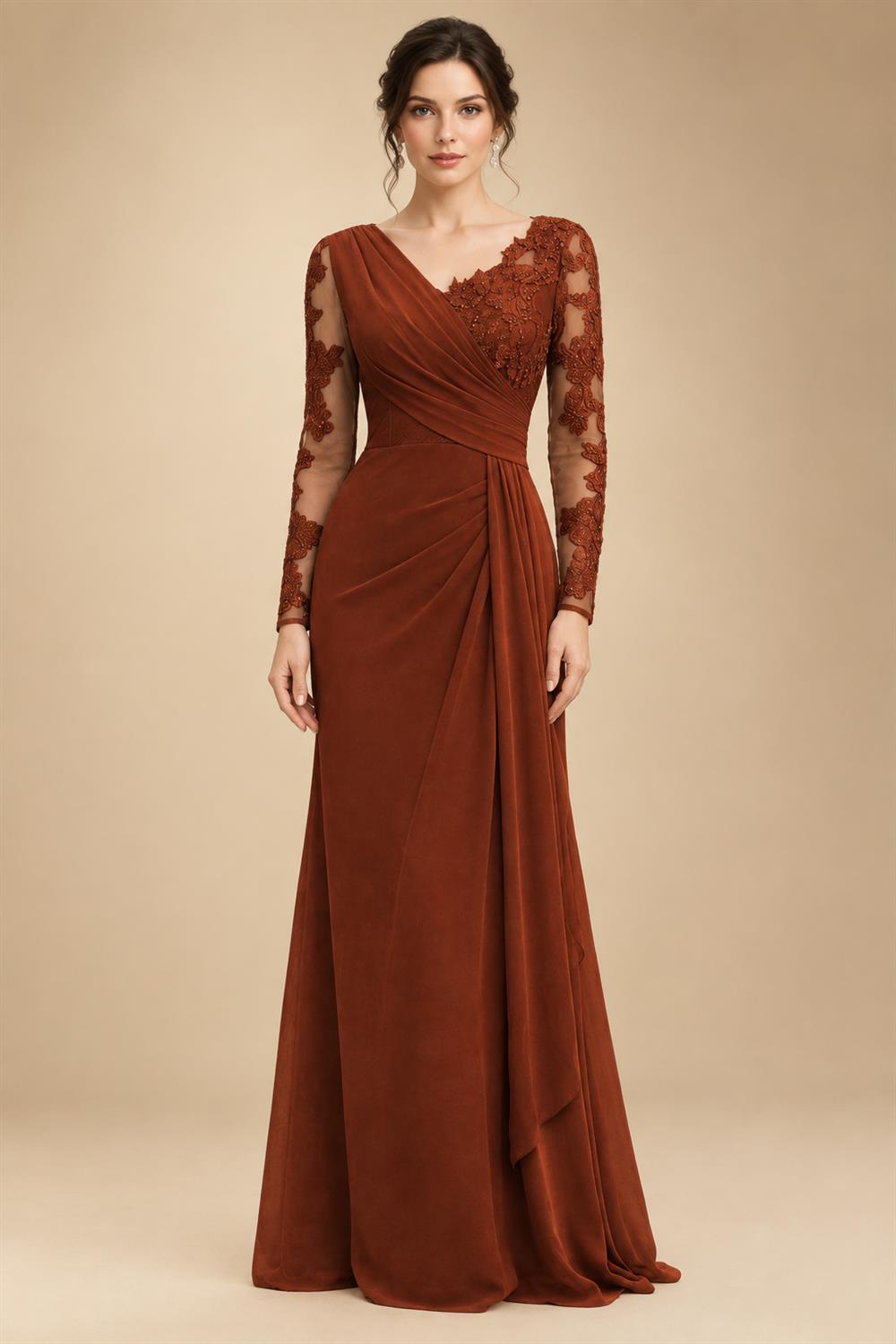 Chiffon Sheath/Column V-Neck Floor-Length Mother of the Bride & Groom Dresses with Lace Embroidery Bodice & Ruched Waist (SHI22501510)