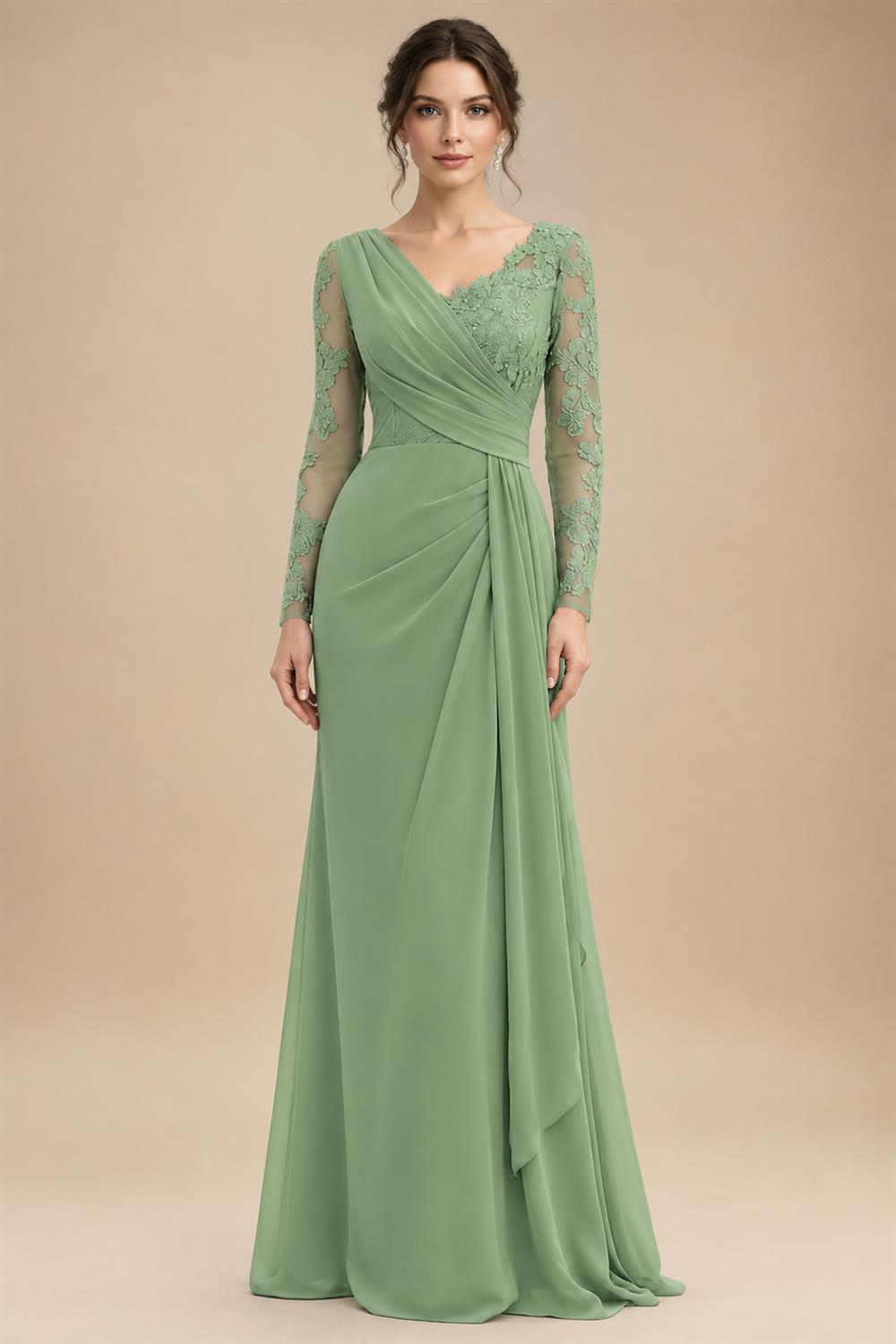 Chiffon Sheath/Column V-Neck Floor-Length Mother of the Bride & Groom Dresses with Lace Embroidery Bodice & Ruched Waist (SHI22501510)