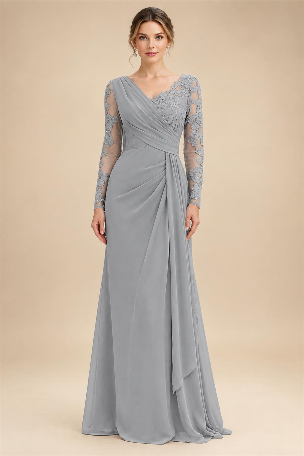Chiffon Sheath/Column V-Neck Floor-Length Mother of the Bride & Groom Dresses with Lace Embroidery Bodice & Ruched Waist (SHI22501510)