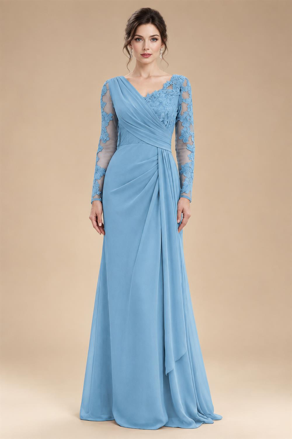 Chiffon Sheath/Column V-Neck Floor-Length Mother of the Bride & Groom Dresses with Lace Embroidery Bodice & Ruched Waist (SHI22501510)