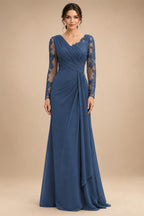 Chiffon Sheath/Column V-Neck Floor-Length Mother of the Bride & Groom Dresses with Lace Embroidery Bodice & Ruched Waist (SHI22501510)