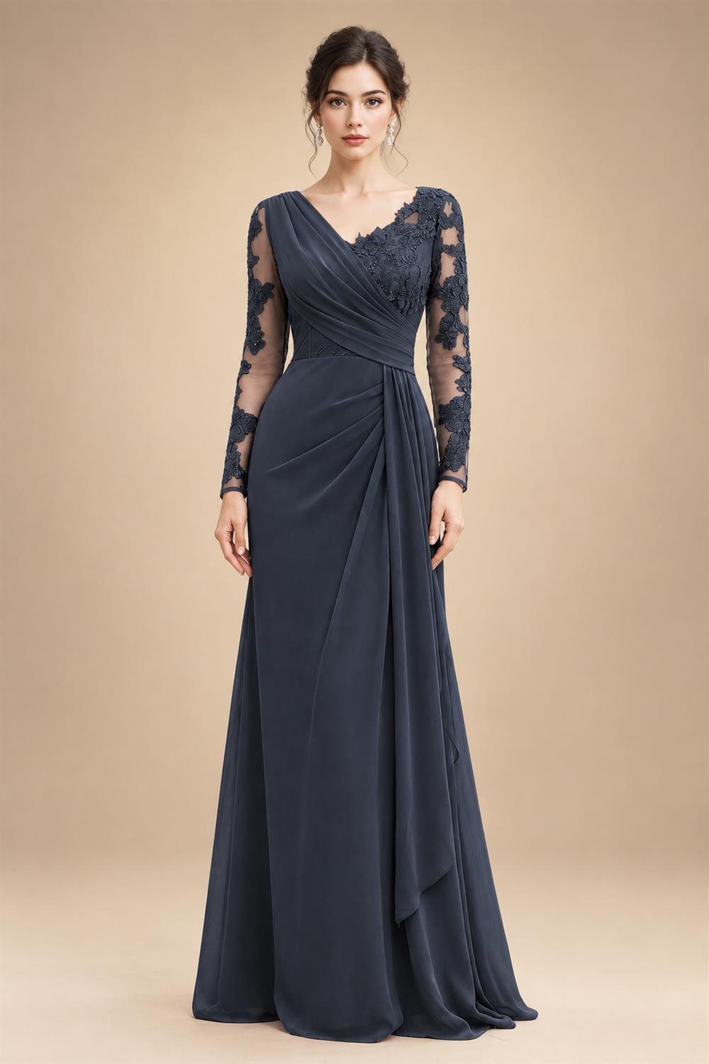 Chiffon Sheath/Column V-Neck Floor-Length Mother of the Bride & Groom Dresses with Lace Embroidery Bodice & Ruched Waist (SHI22501510)