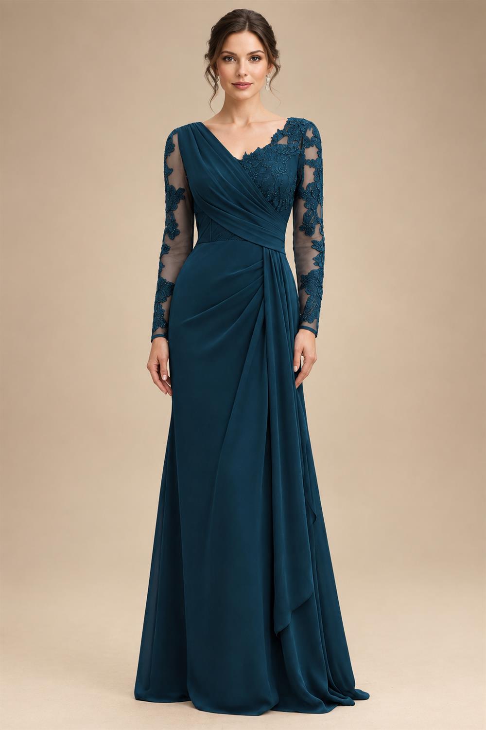 Chiffon Sheath/Column V-Neck Floor-Length Mother of the Bride & Groom Dresses with Lace Embroidery Bodice & Ruched Waist (SHI22501510)