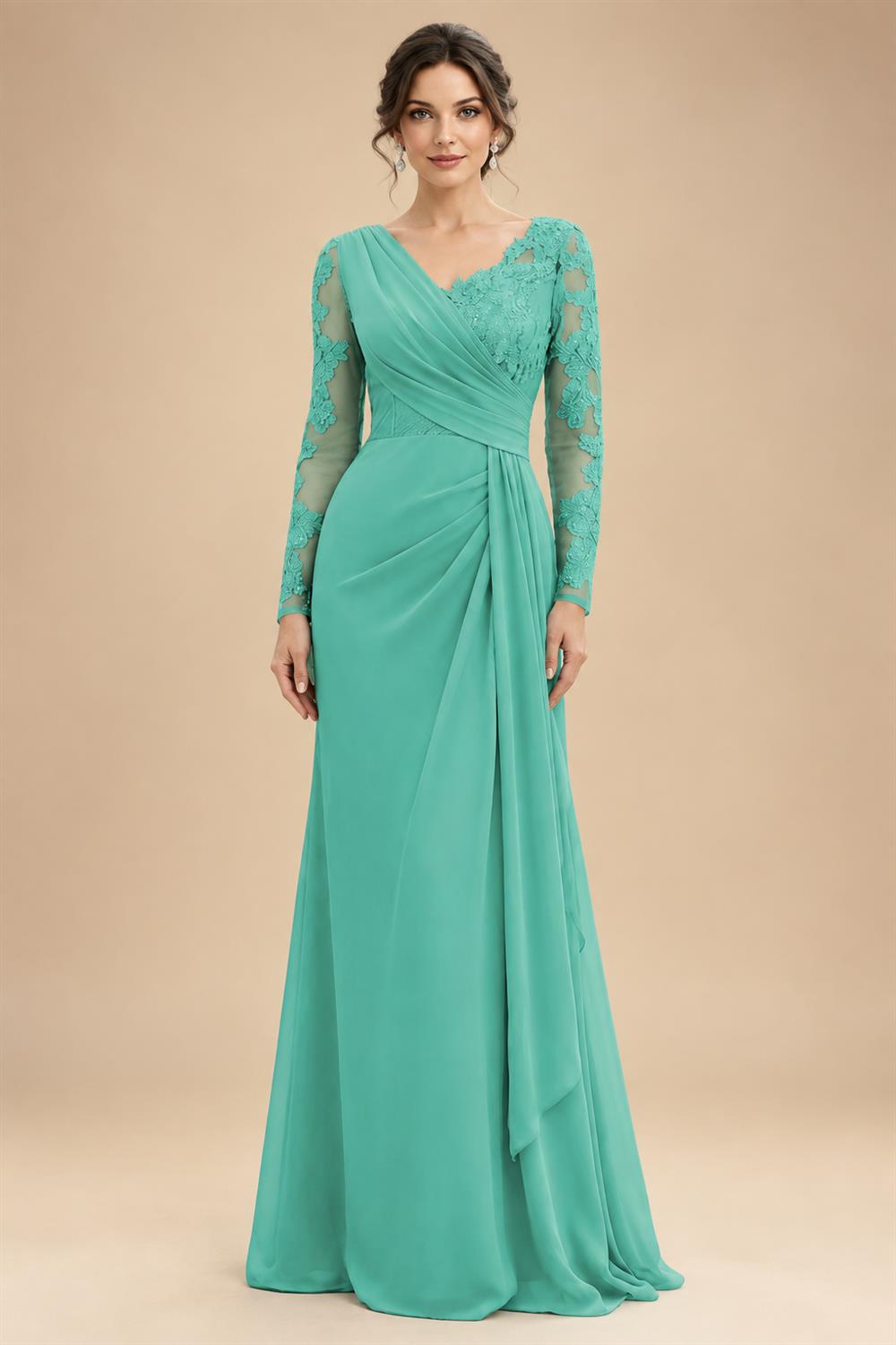 Chiffon Sheath/Column V-Neck Floor-Length Mother of the Bride & Groom Dresses with Lace Embroidery Bodice & Ruched Waist (SHI22501510)