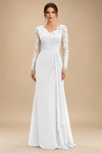 Chiffon Sheath/Column V-Neck Floor-Length Mother of the Bride & Groom Dresses with Lace Embroidery Bodice & Ruched Waist (SHI22501510)