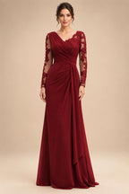 Chiffon Sheath/Column V-Neck Floor-Length Mother of the Bride & Groom Dresses with Lace Embroidery Bodice & Ruched Waist (SHI22501510)