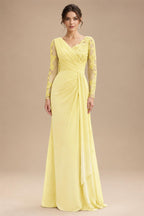 Chiffon Sheath/Column V-Neck Floor-Length Mother of the Bride & Groom Dresses with Lace Embroidery Bodice & Ruched Waist (SHI22501510)
