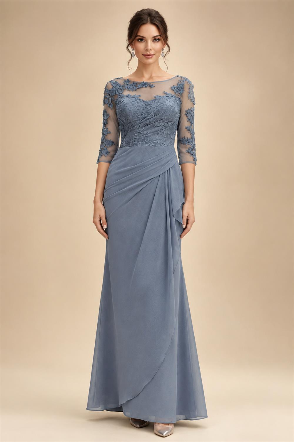 Chiffon Sheath/Column Scoop Neck Floor-Length Mother of the Bride & Groom Dresses with Lace Embroidery Bodice & Ruched Waist (SHI22501513)