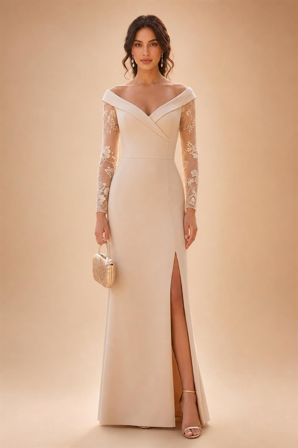 Sheath/Column Off Shoulder Stretch Jersey Floor-Length Mother of the Bride & Groom Dresses with Lace Appliques Sleeves & Slit (SHI22501550)